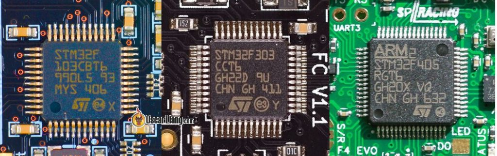FC Processors: from left to right: STM32 F1, F3, F4