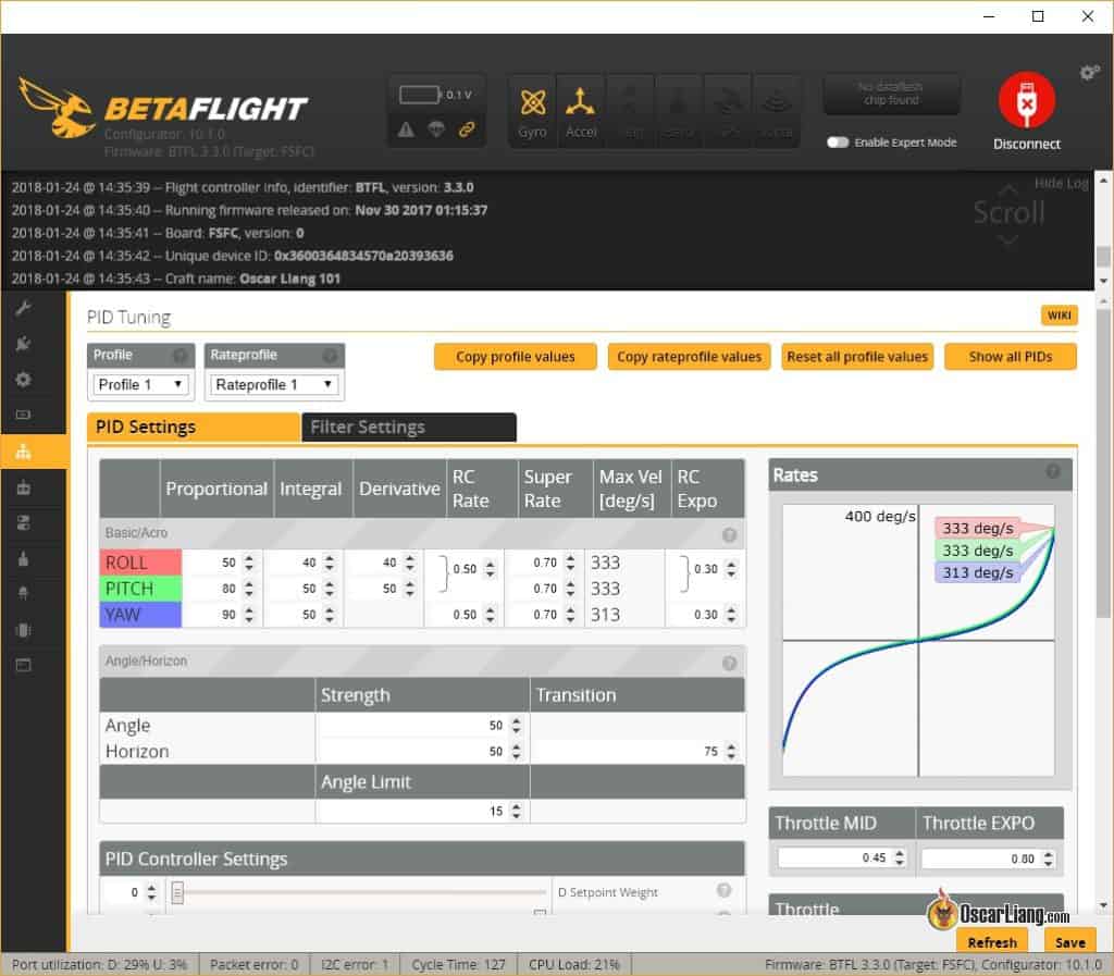 PID tuning tab in Betaflight Configurator