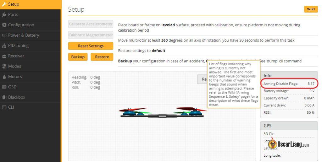 betaflight configurator setup arming disable flags