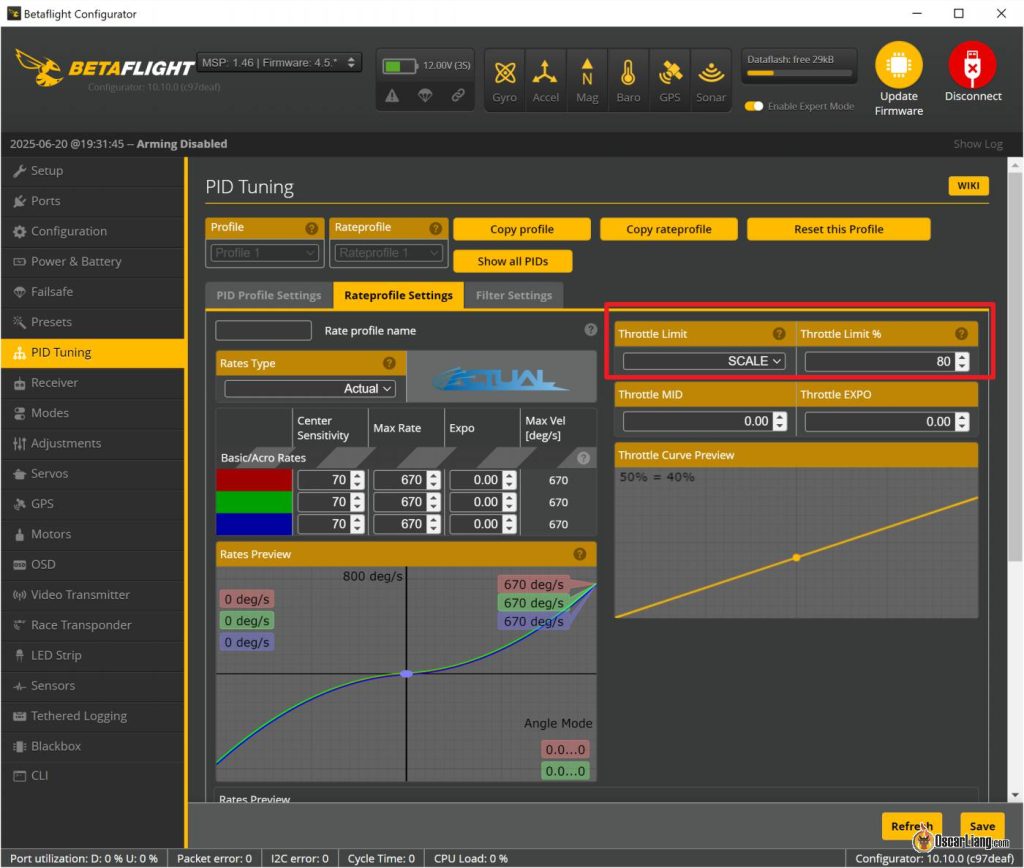 Betaflight Configurator Throttle Limit 10.10.0