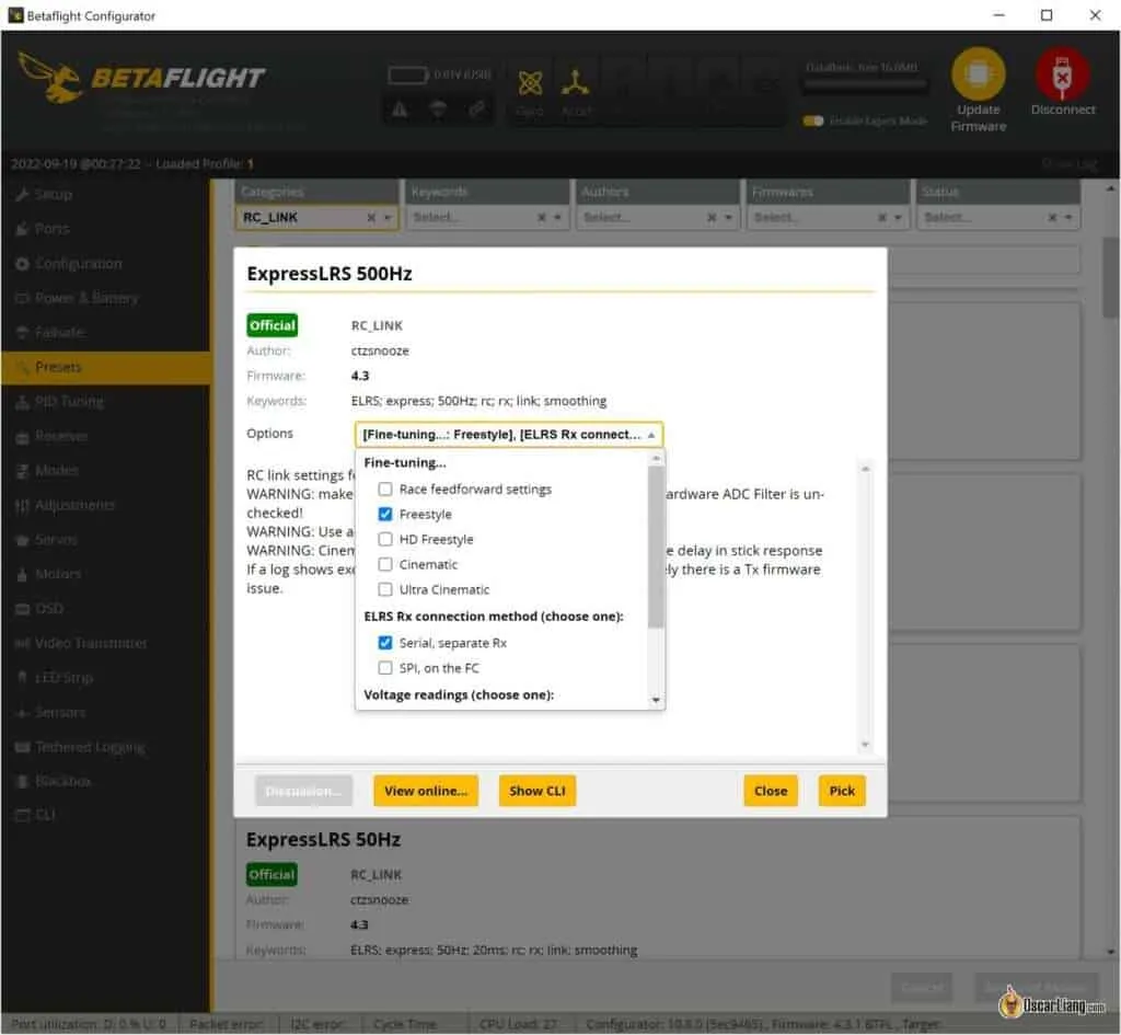 Betaflight 4.3 Load Preset Rc Link Expresslrs 500hz Options