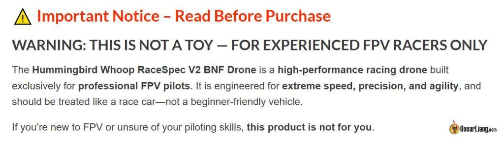 Newbeedrone Hummingbird Racespec V2 Warning Product Page